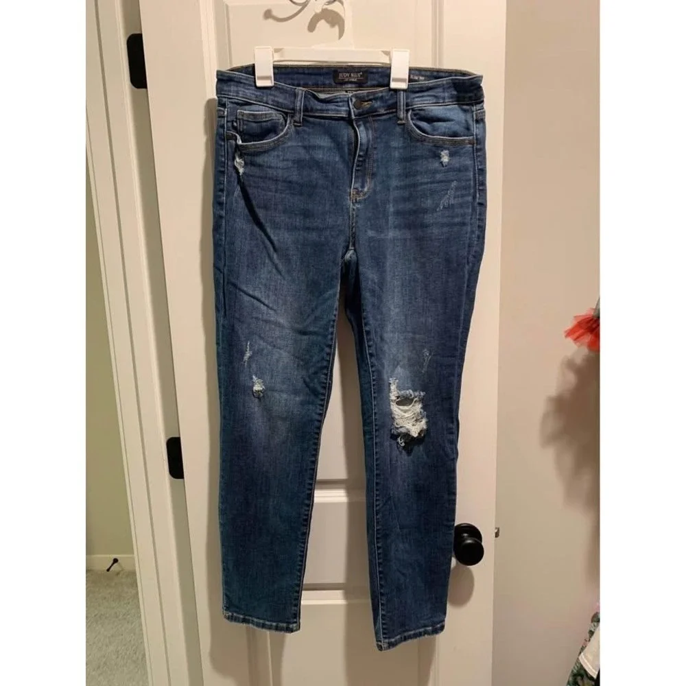 Judy Blue Los Angeles Slim Fit Distressed Denim Jeans Dark Wash Size 13/31